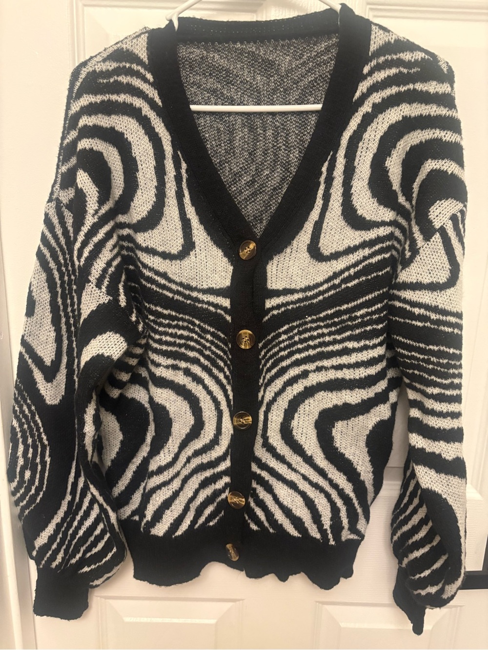 SHEIN Black & White Swirl V-Neck Cardigan with Gold Buttons